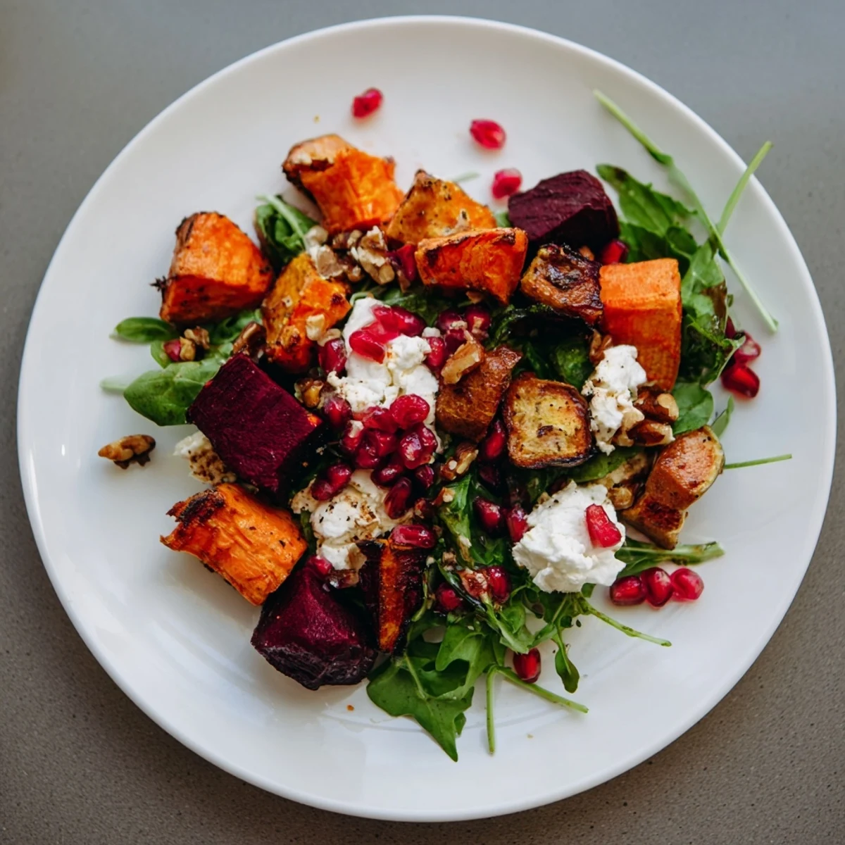 A colorful Seasonal Root Vegetable & Goat Cheese Salad, drizzled with vinaigrette, ready to serve and enjoy.