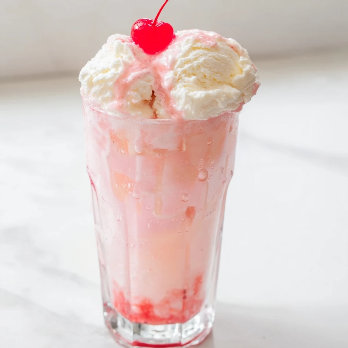 A tall glass of bubbly homemade cream soda float, topped with whipped cream and a cherry.