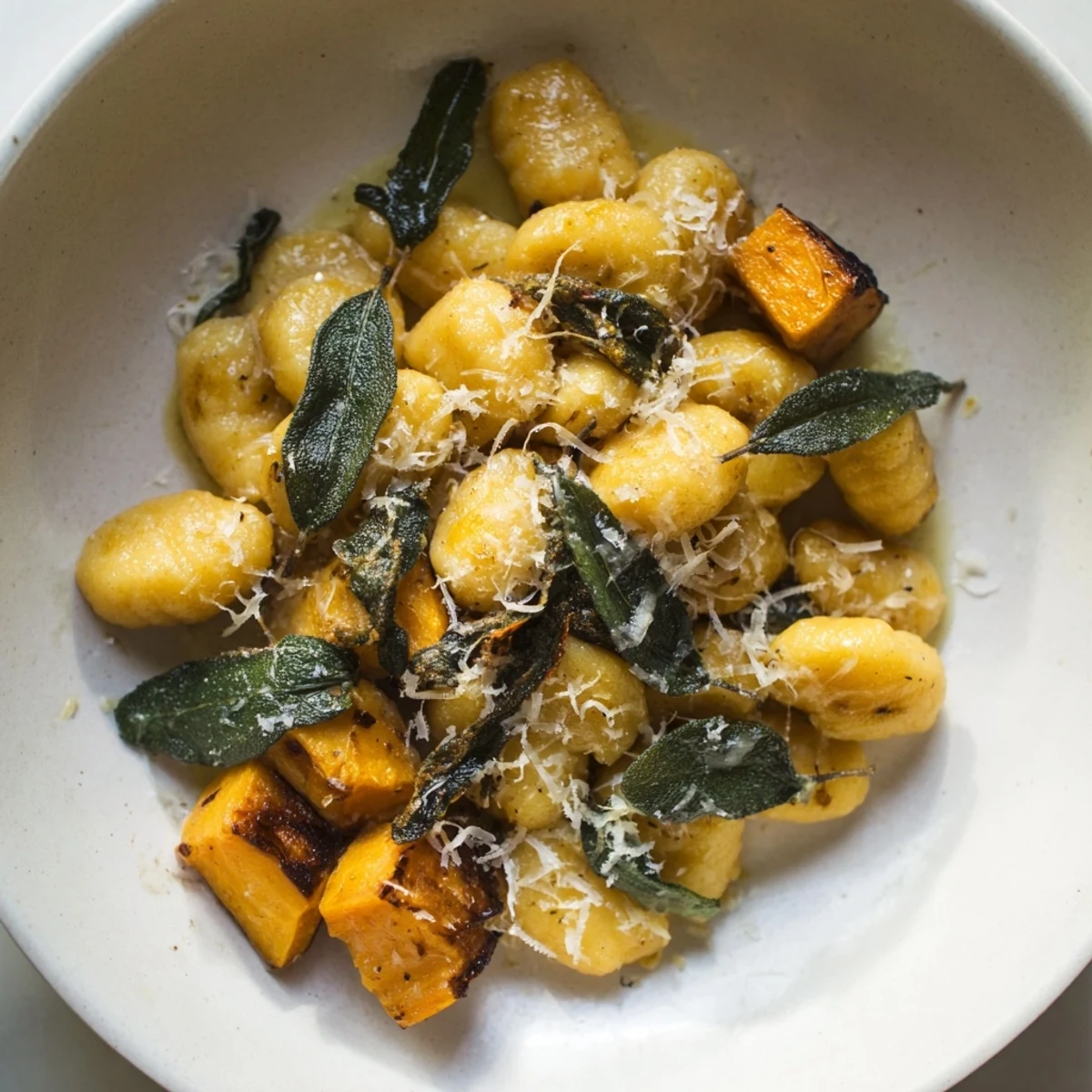 Golden-brown Rustic Butternut Squash & Sage Brown Butter Gnocchi with vibrant, roasted squash pieces throughout.