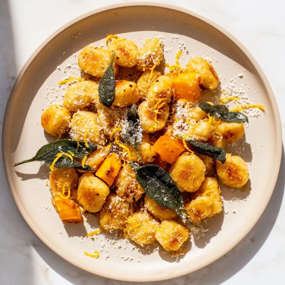 A close-up of a creamy plate of Rustic Butternut Squash & Sage Brown Butter Gnocchi sprinkled with Parmesan cheese.
