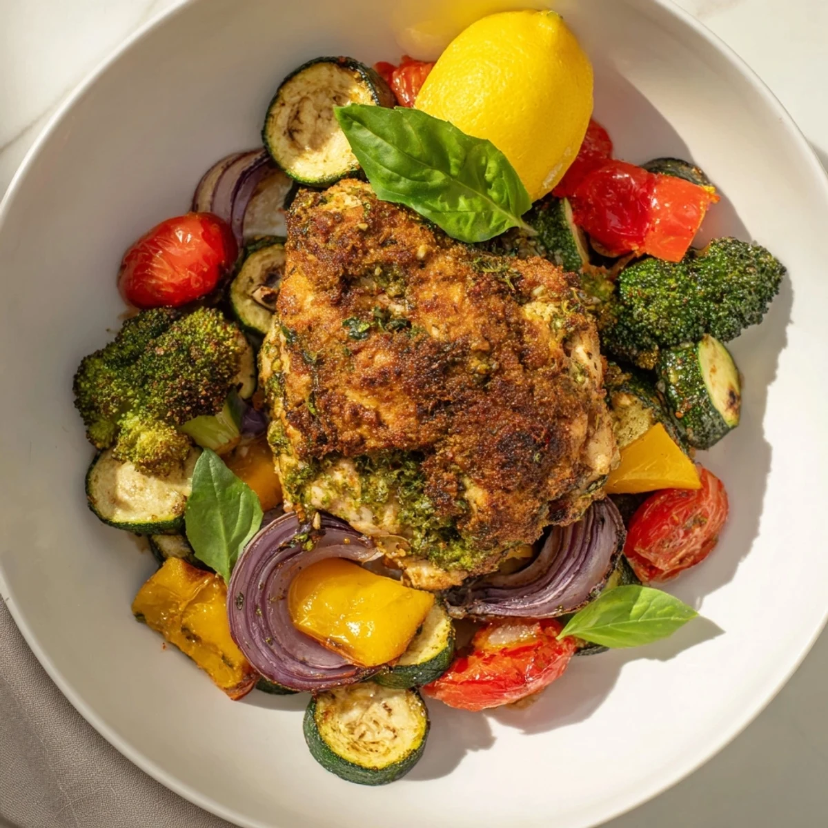 Sheet pan of Quick Lemon Pesto Chicken with vibrant roasted red and yellow peppers.