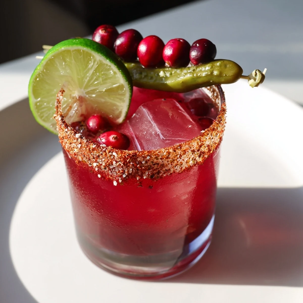Bright red cranberry juice mixes with tequila in this zesty DIY cranberry-pickle margarita.