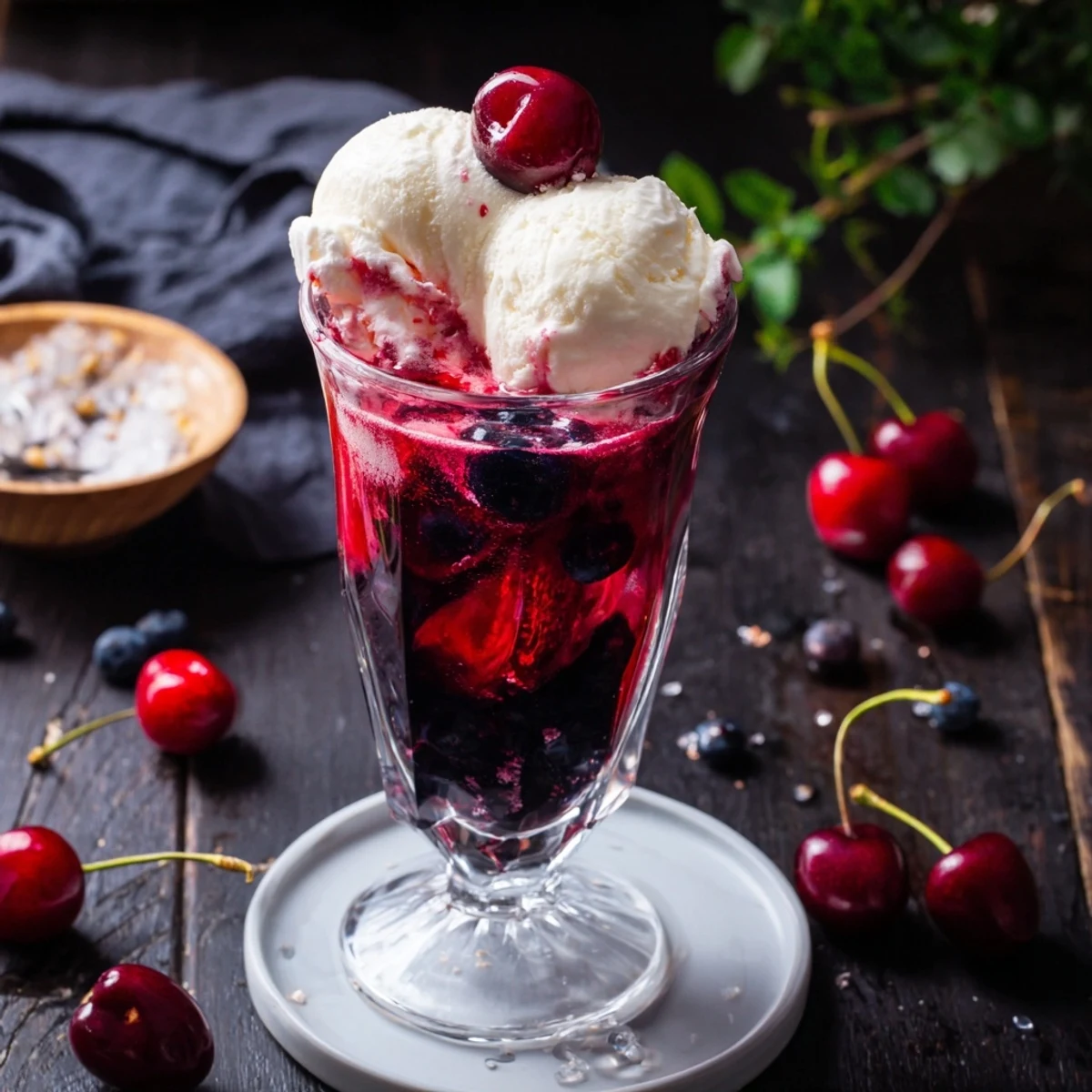 A refreshing close-up of Homemade Fruit Soda Floats, showcasing chilled lemon-lime soda and a colorful cherry garnish.