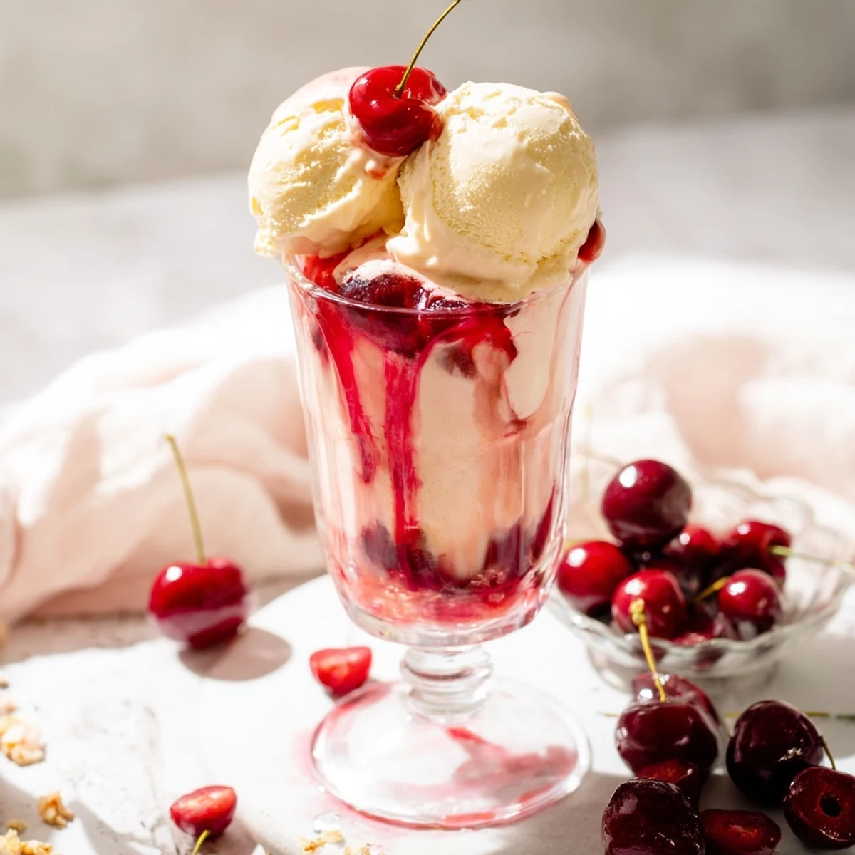 Enjoy the beautiful Homemade Fruit Soda Floats with vanilla ice cream and the sweet, tangy cherry syrup swirling within.
