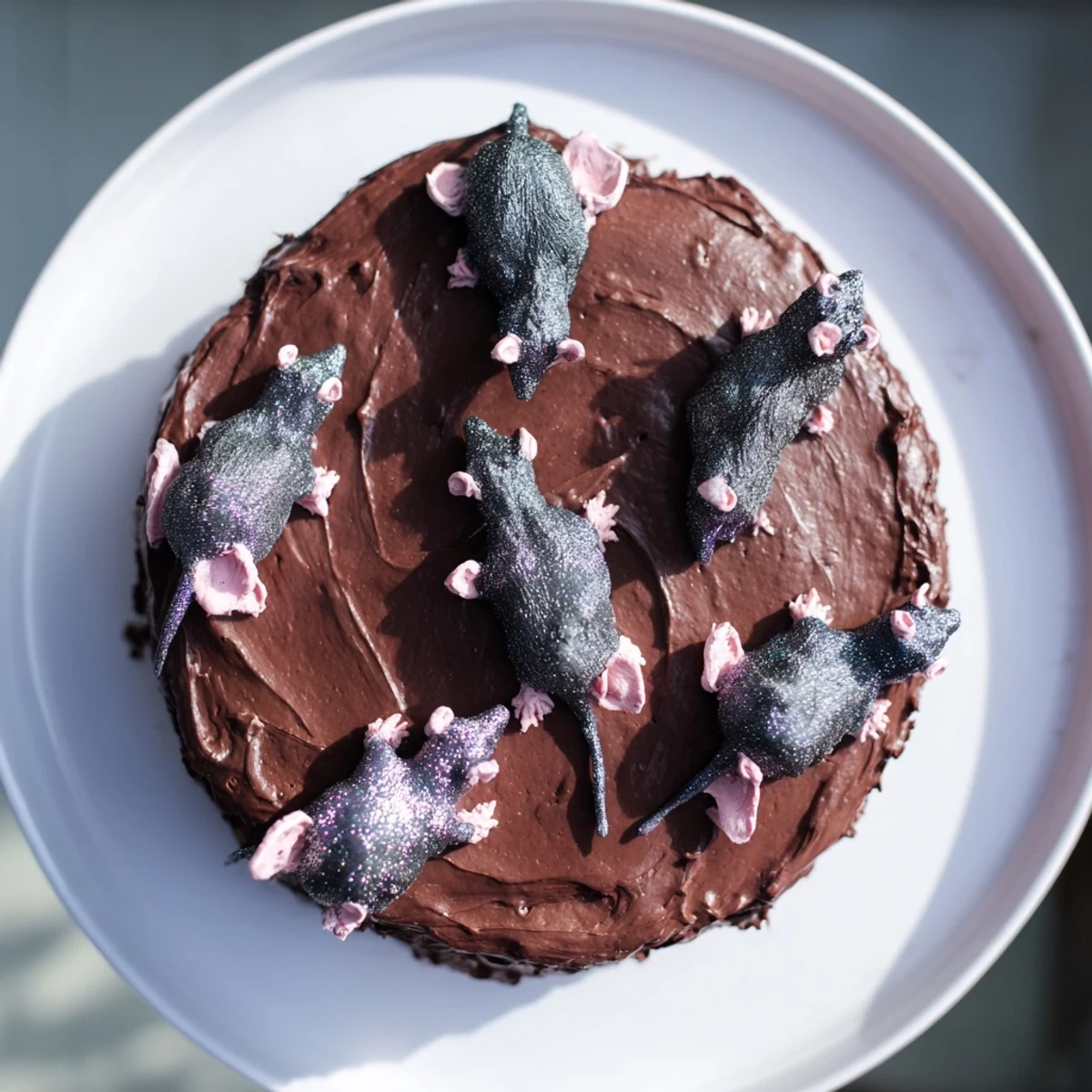 Moist Rat Cake with whipped chocolate ganache, a dark and delicious dessert, ready to serve.