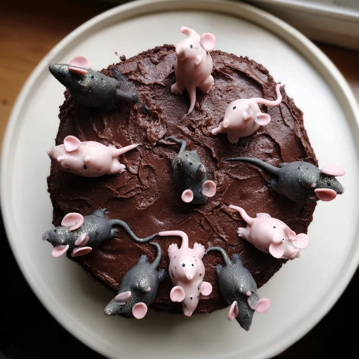 Detailed shot: the Rat Cake features dark chocolate cake, fluffy ganache, and playful marzipan rats.