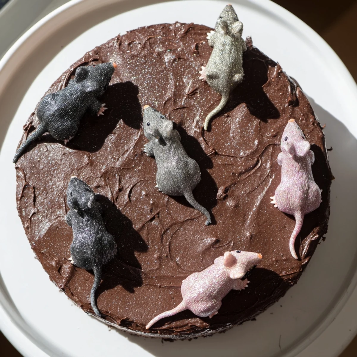 Decadent, sliceable Rat Cake: enjoy a slice of this rich chocolate dessert with its whimsical design.