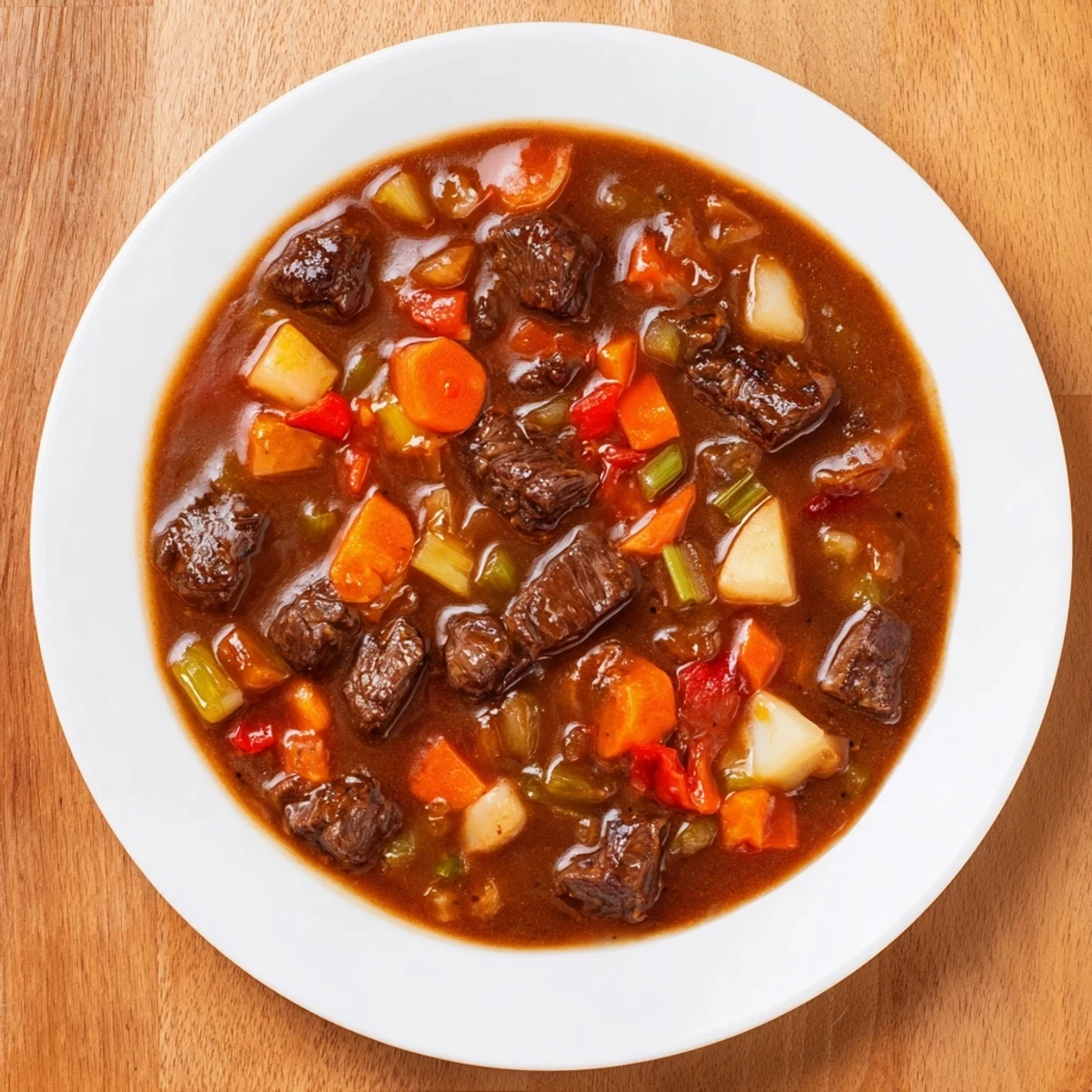 Close-up of a richly flavored Comfort Crockpot Beef Stew, highlighting the tender beef and vibrant vegetables.