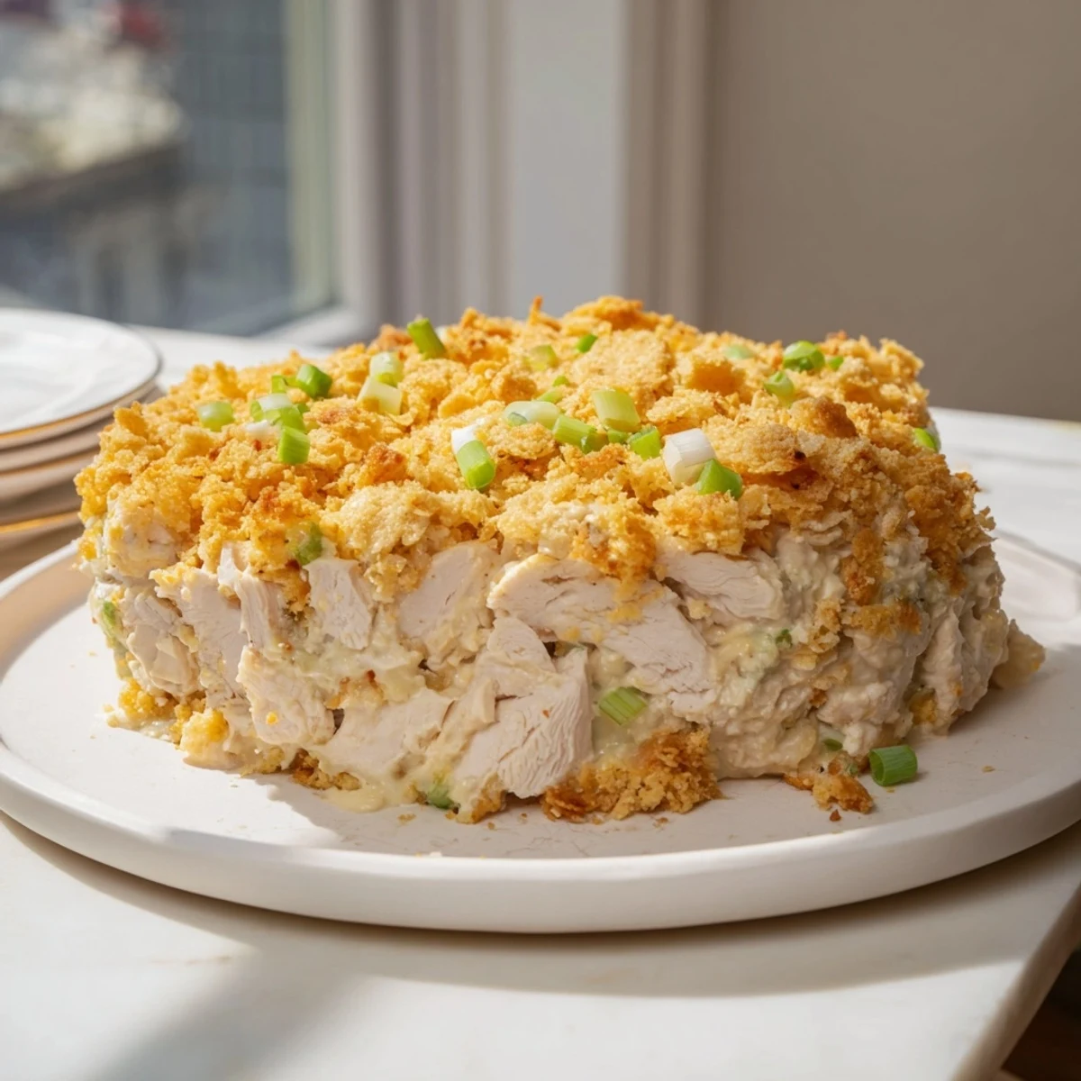 A bubbly and delicious Neiman Marcus-Style Chicken Casserole, a creamy chicken bake with visible cheese.