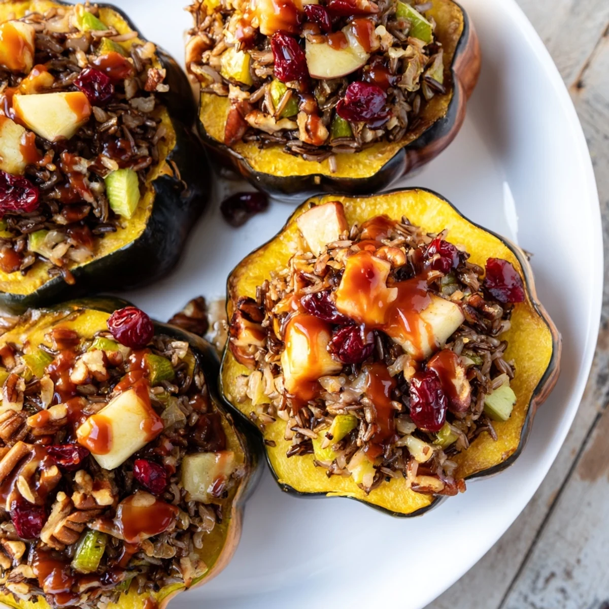 Stuffed Acorn Squash with Maple Sriracha, filled with wild rice stuffing, ready to eat!