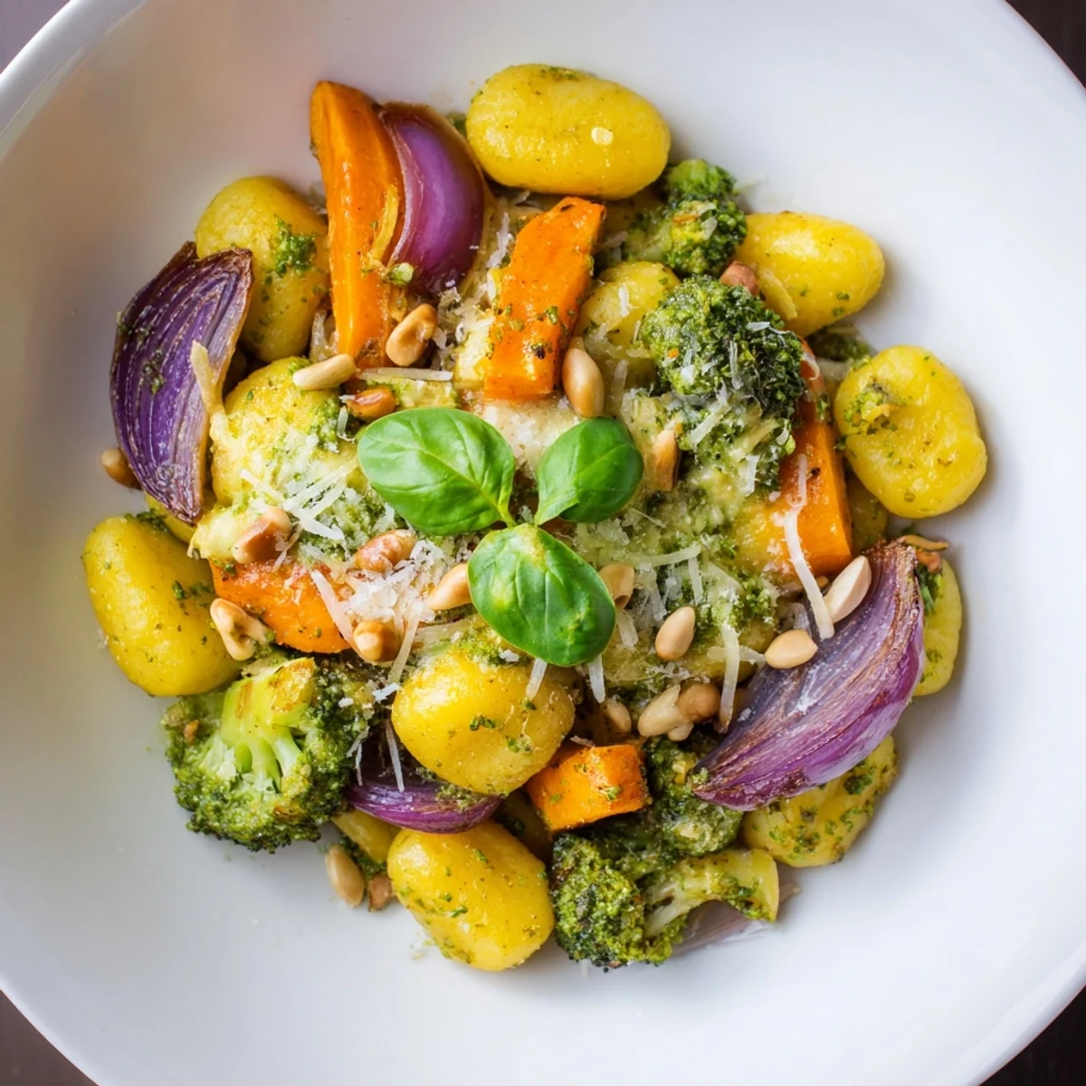 Golden Sheet Pan Pesto Gnocchi, tossed with vibrant roasted winter veggies and creamy pesto.