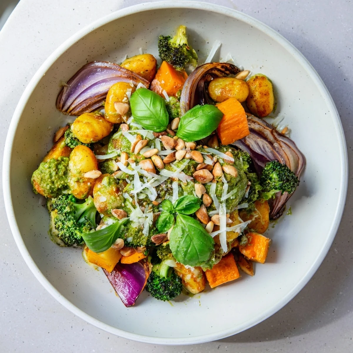 Tender gnocchi in a symphony of flavors: sheet pan pesto gnocchi with fresh basil, ready to serve.