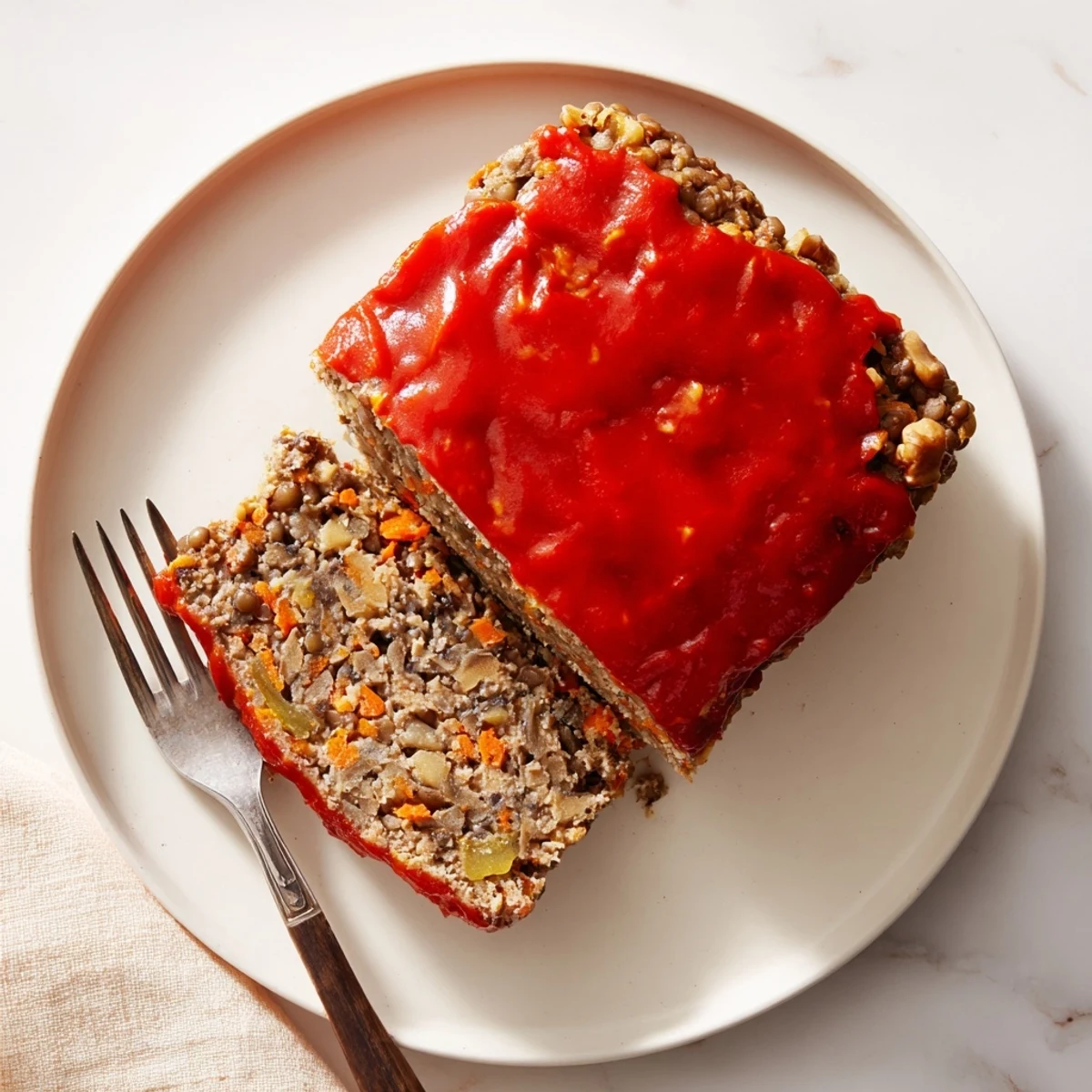 A delicious slice of Festive Lentil Loaf with red pepper glaze, offering savory vegetarian indulgence.
