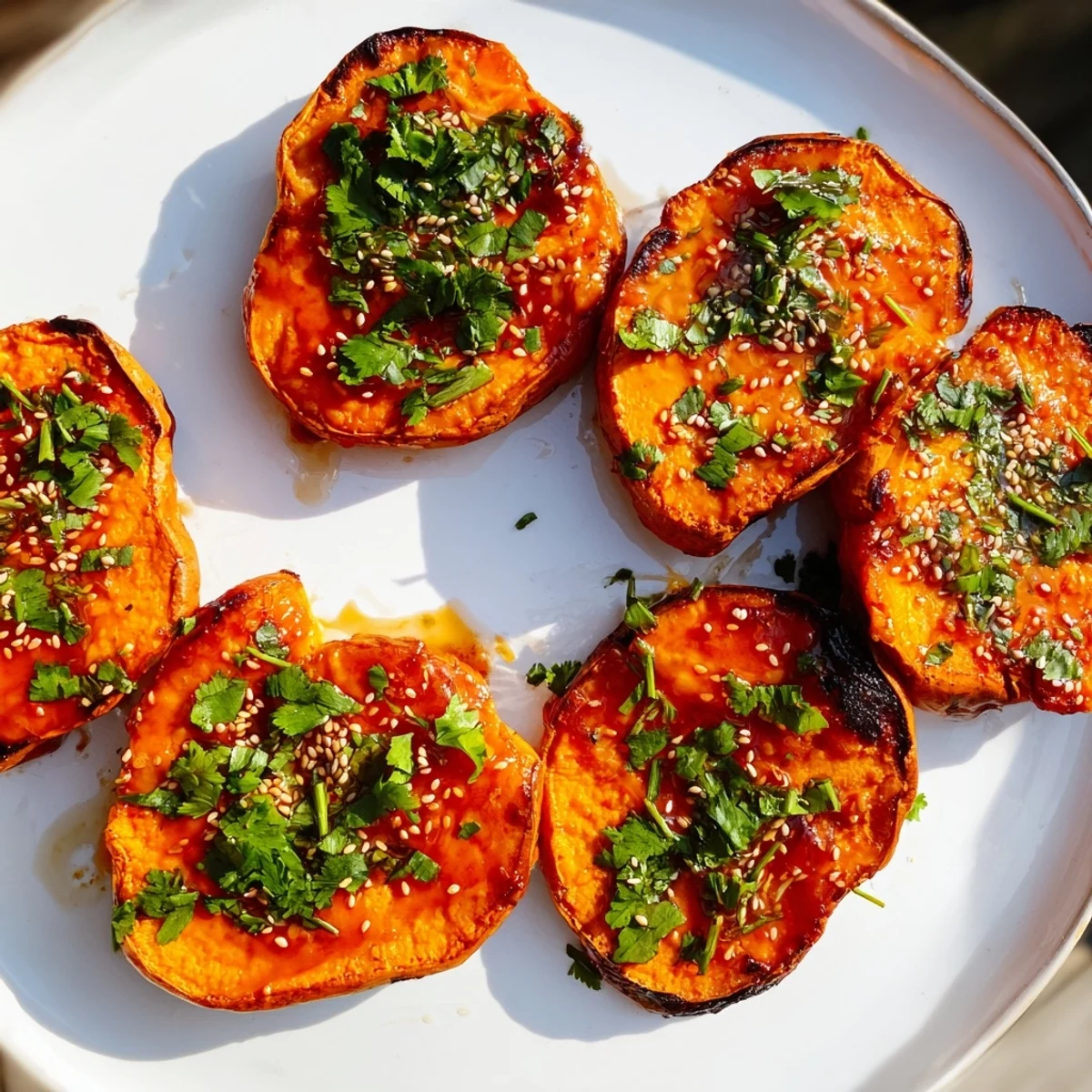 Golden-brown Smashed Sweet Potatoes with Gochujang Honey Butter, ready for serving with fresh cilantro.