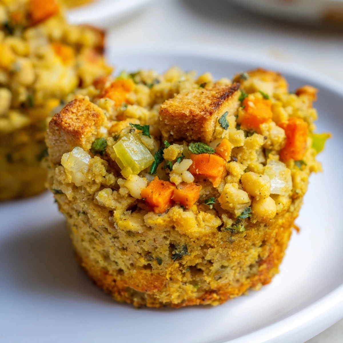 Golden-brown Vegan Chickpea Stuffing Muffins, baked until perfectly crisp and fragrant with herbs.