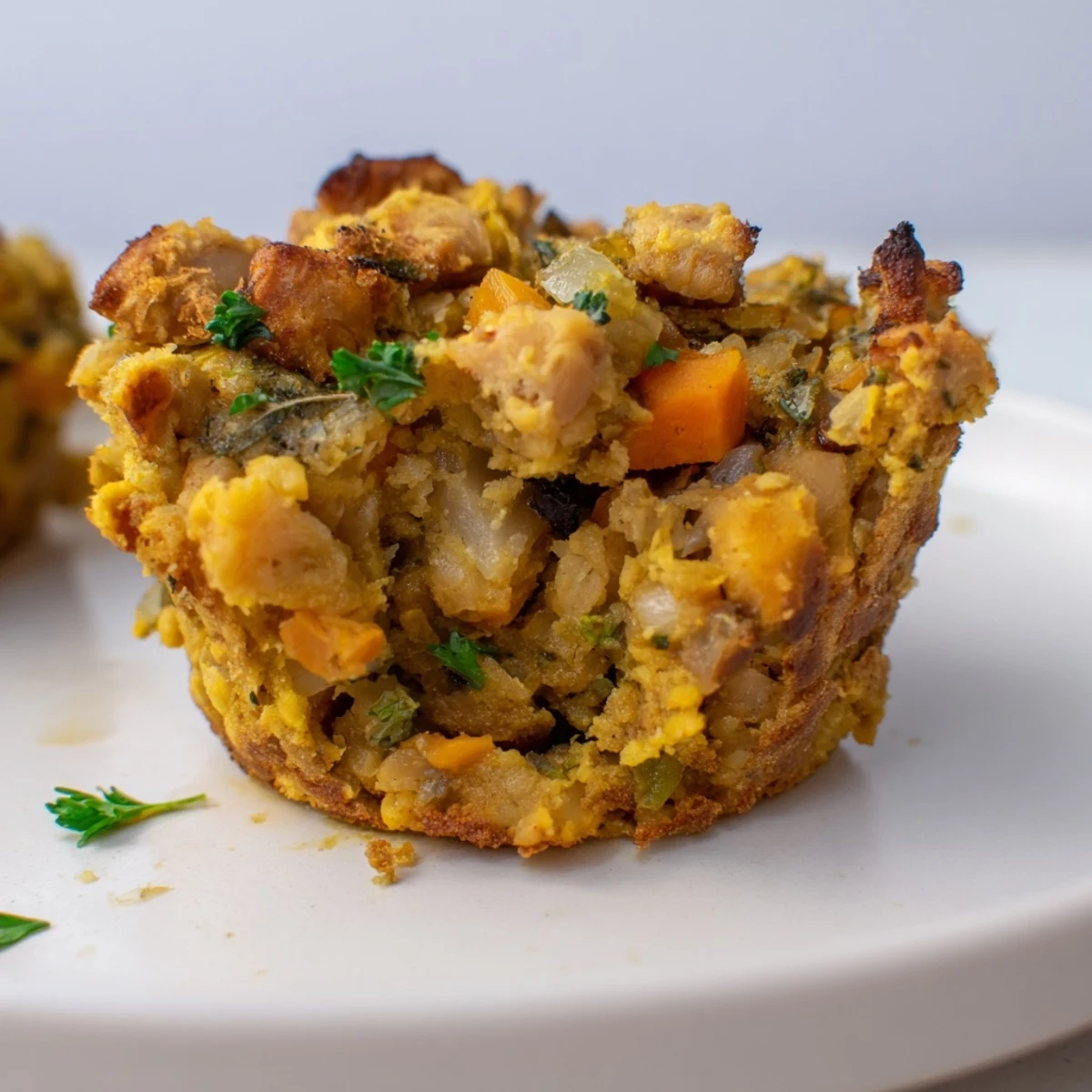 A close-up of fluffy Vegan Chickpea Stuffing Muffins, ready to be enjoyed as a side dish.