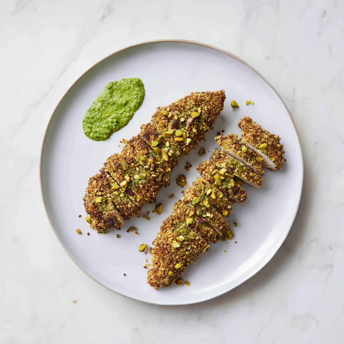 Golden, crispy pistachio crusted turkey tenders served alongside vibrant green chimichurri sauce.