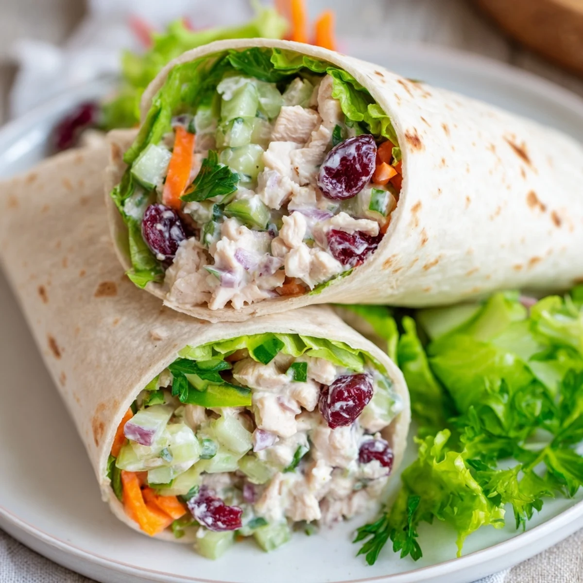 Enjoy a close-up of delicious Cranberry Relish Chicken Salad Wraps, perfect for a picnic or quick meal.