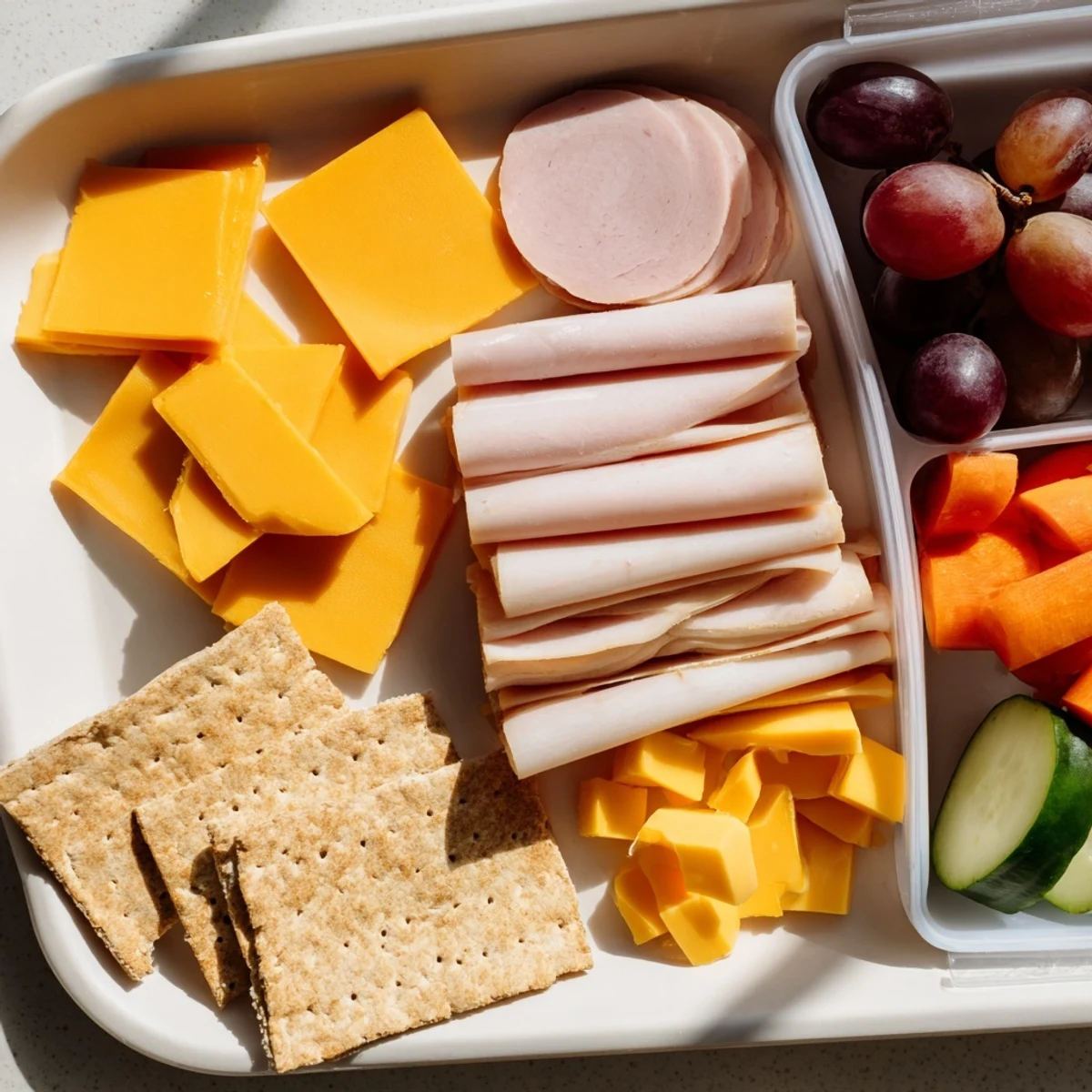 DIY Lunchables Tray overflowing with colorful meats, cheeses, crackers, and crisp veggies for a simple lunch.