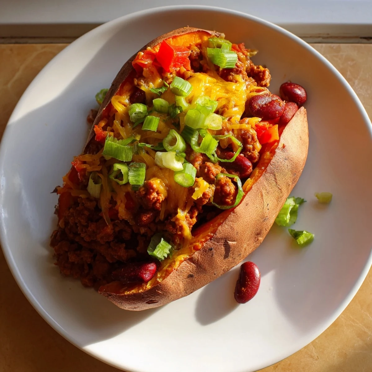 A close-up shows a baked sweet potato stuffed with chili, loaded with hearty beef and toppings.