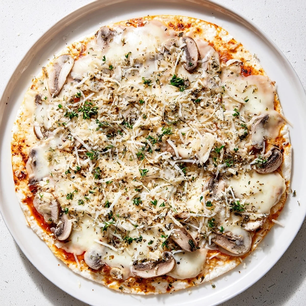 Golden, bubbly, cheesy Frozen Pizza Upgrade with Mushrooms featuring herbs and extra toasted cheese.