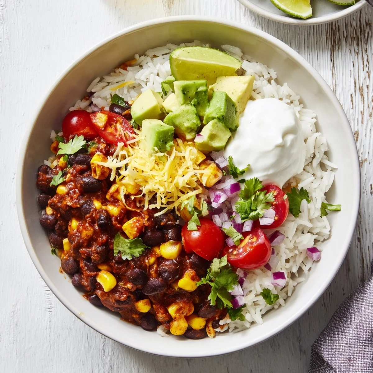 These hearty Rice, Bean, and Corn Burrito Bowls are topped with fresh cilantro, ready for a satisfying vegetarian meal.