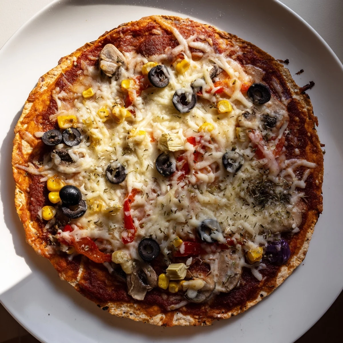 Golden brown tortilla pizza, topped with pantry ingredients, ideal for a satisfying vegetarian meal.