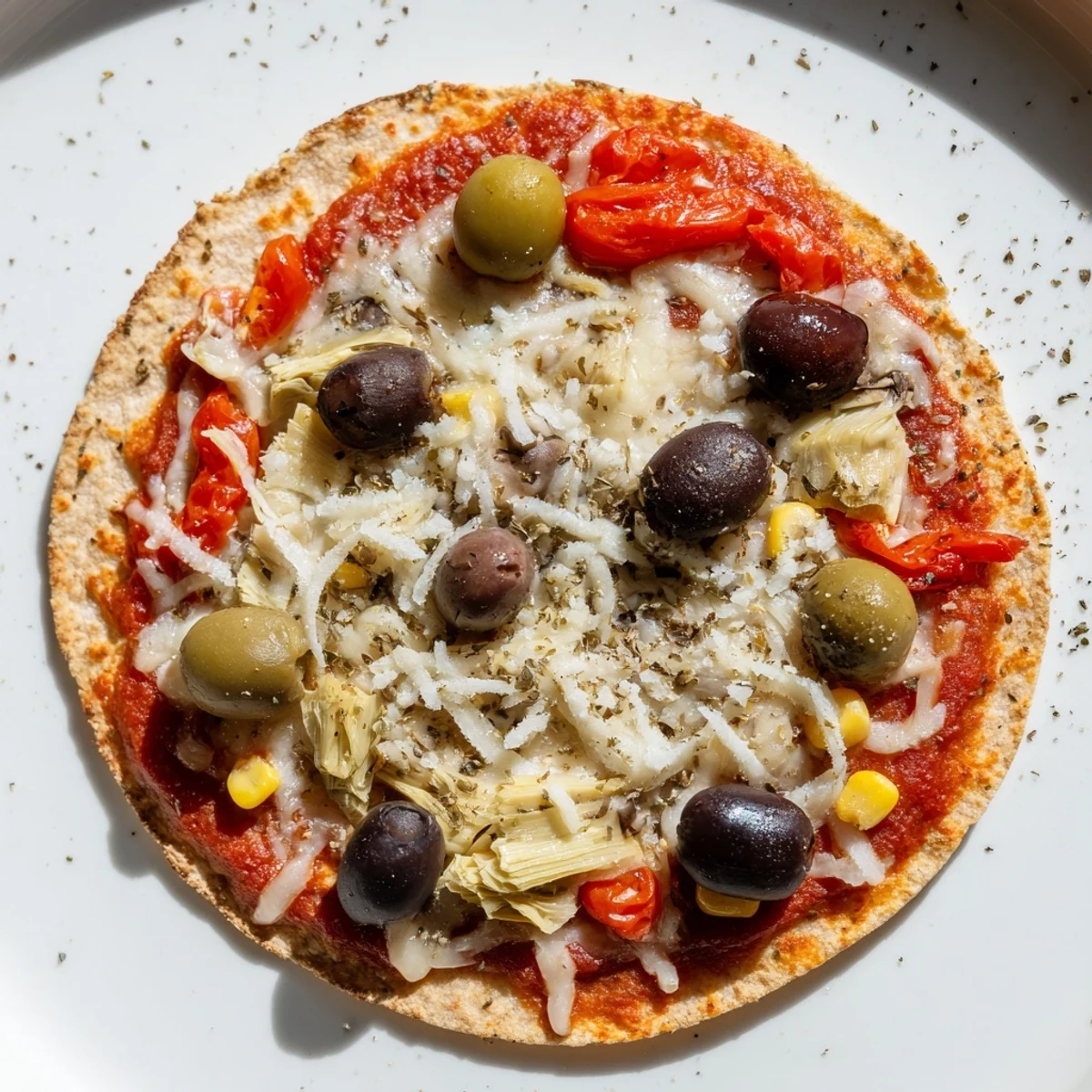 Crispy Tortilla Pizza with melted cheese and olives, perfect for a quick and easy dinner.