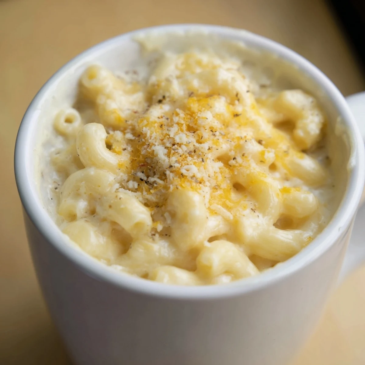 A close-up of creamy microwave mug mac & cheese, topped with Parmesan and paprika for flavor.