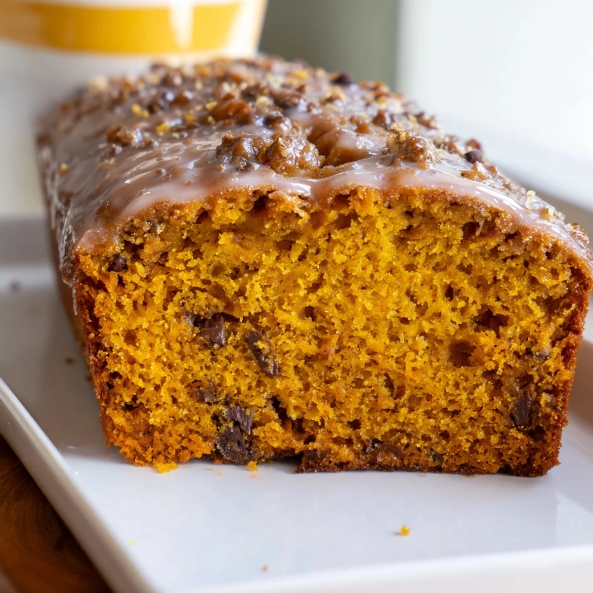 A slice of homemade pumpkin bread, moist and flavorful, perfect with coffee or tea.