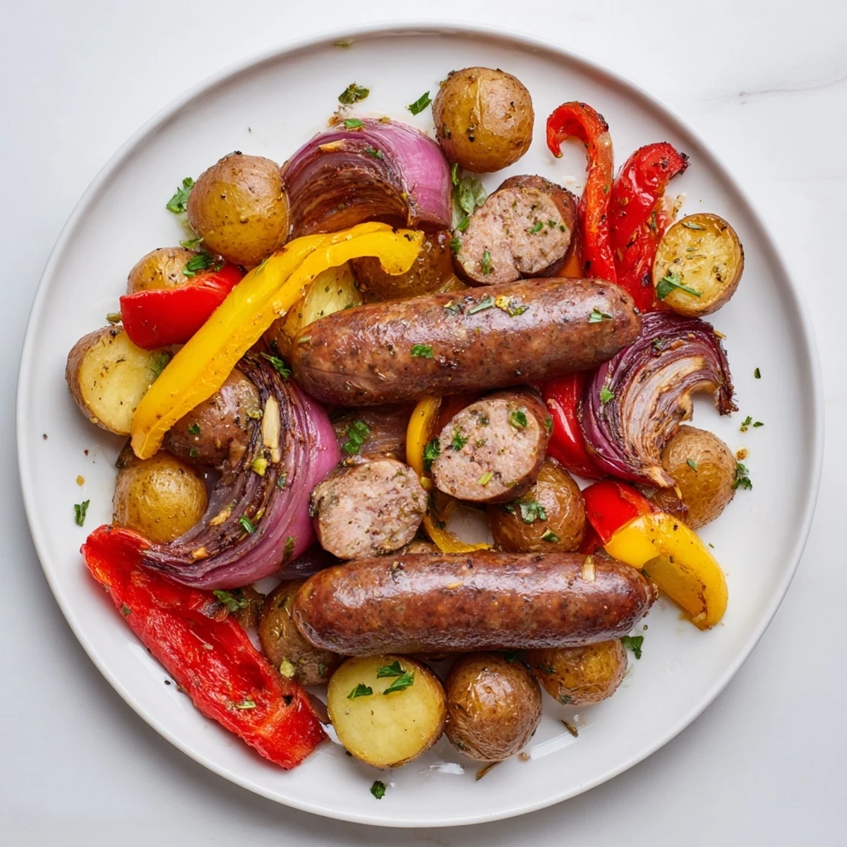 Delicious Italian Sheet-Pan Sausage, a complete meal that bursts with flavor and colorful roasted vegetables.