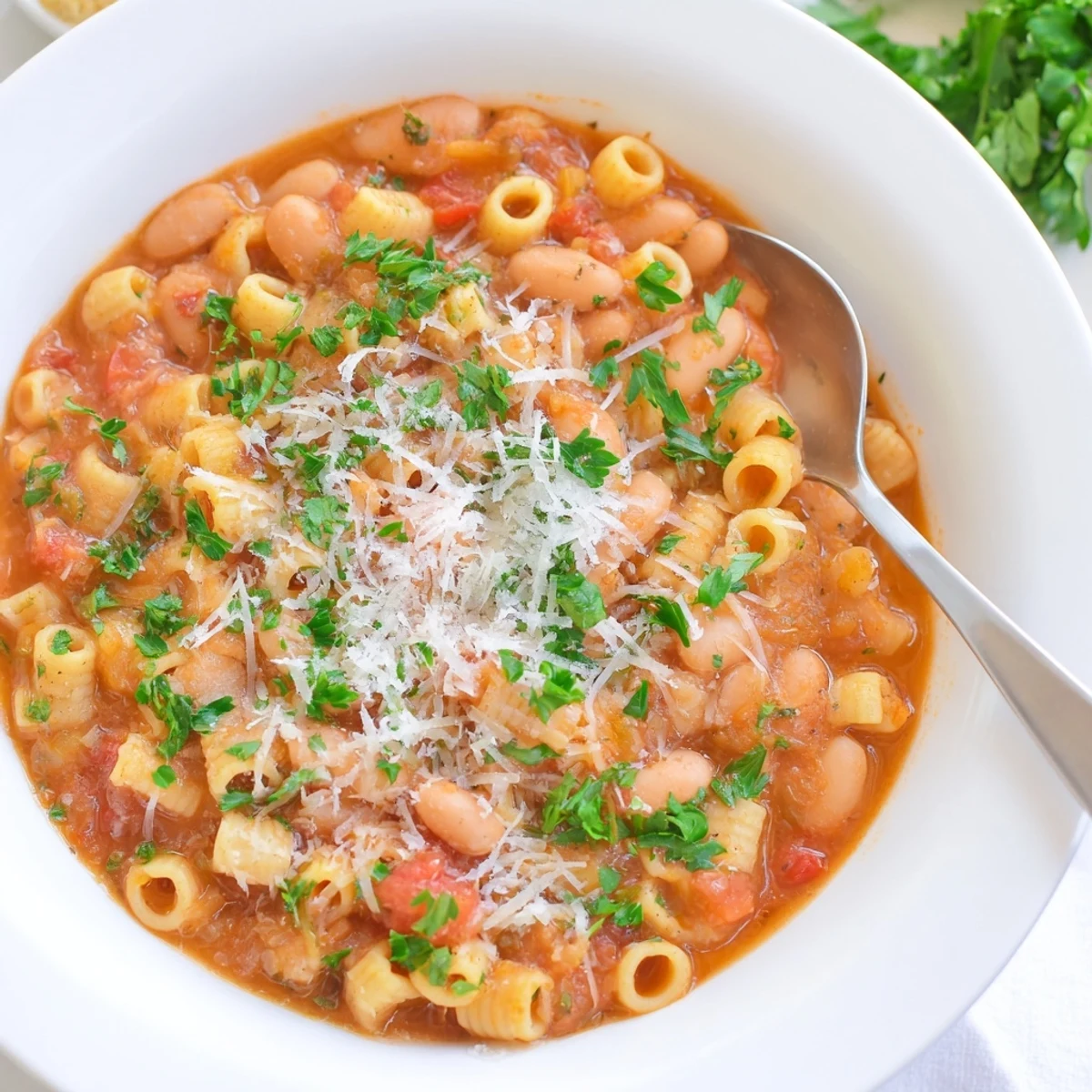 Steaming bowl of Pasta e Fagioli Soup, garnished with fresh parsley and Parmesan cheese, ready to enjoy.
