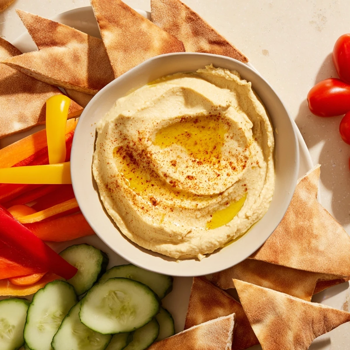 Indulge in this image featuring a close-up of DIY hummus with perfectly baked pita and crunchy vegetables.