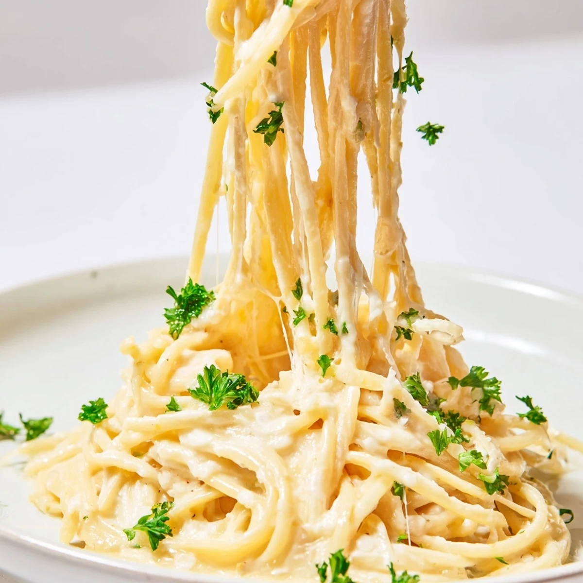 Steaming bowl of creamy three-cheese spaghetti, a comforting Italian-American pasta meal for dinner.