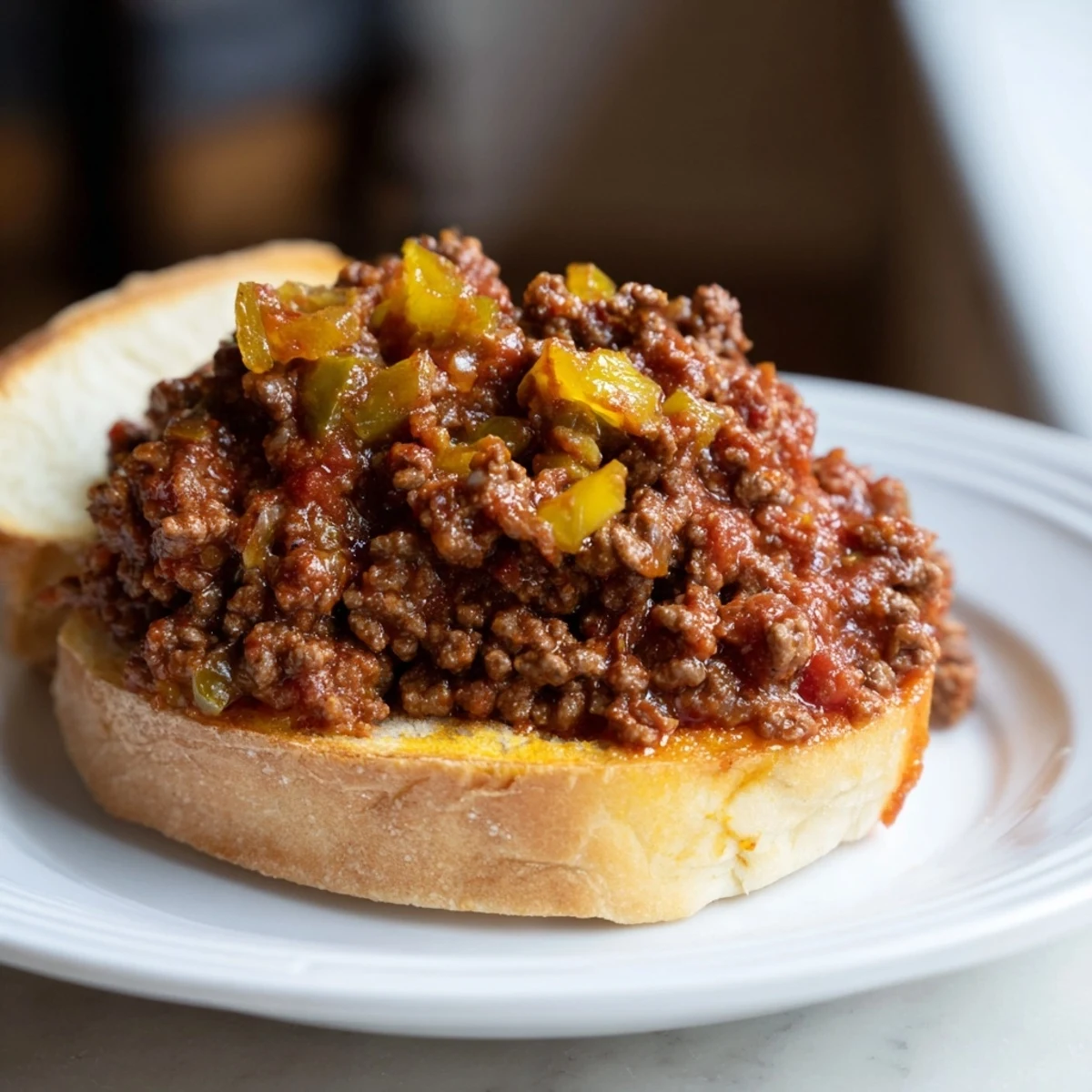 A close-up of a steaming Sloppy Joes sandwich: savory filling spilling onto a fluffy bun.