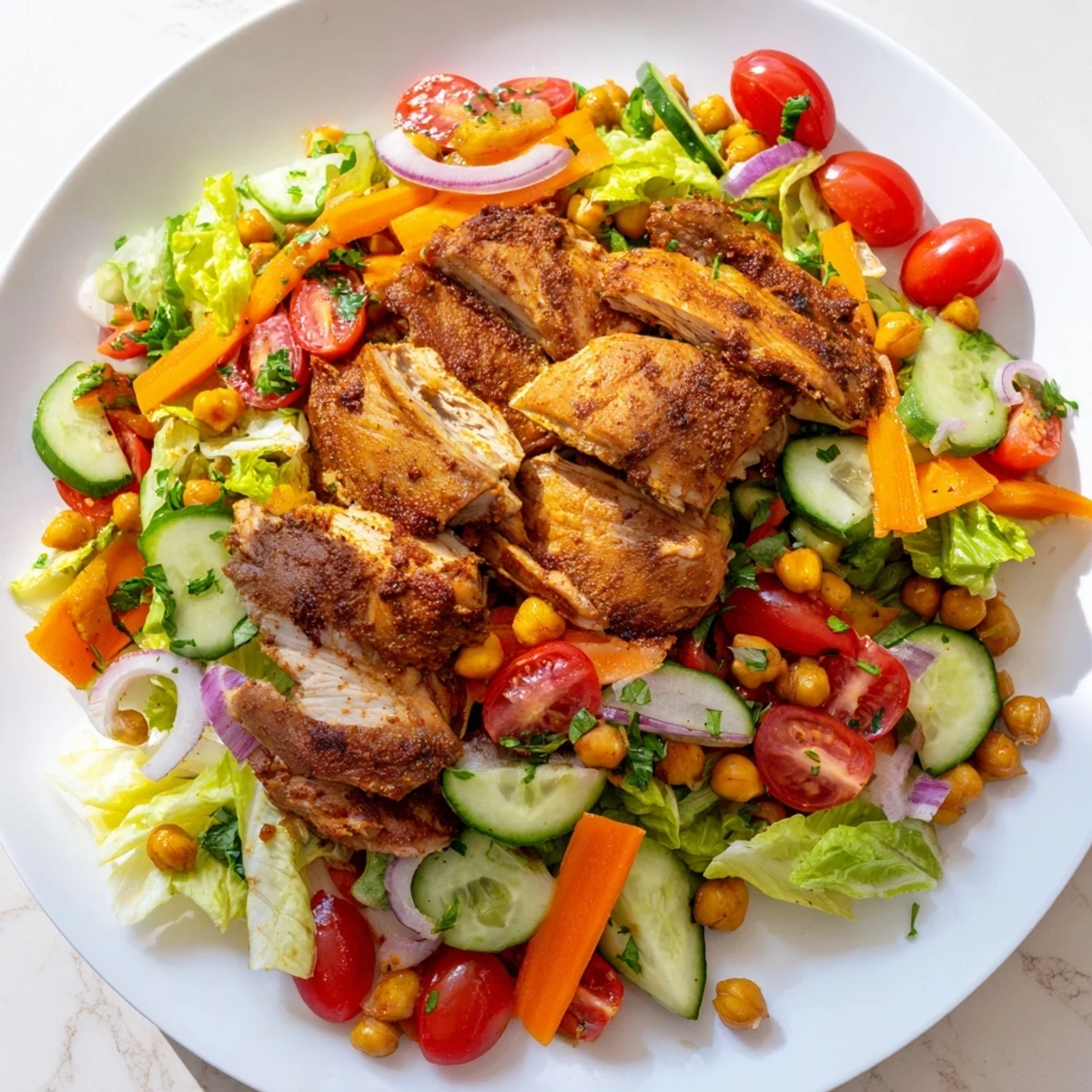 Chicken salad with tender, shredded chicken and vibrant vegetables, a hearty meal.