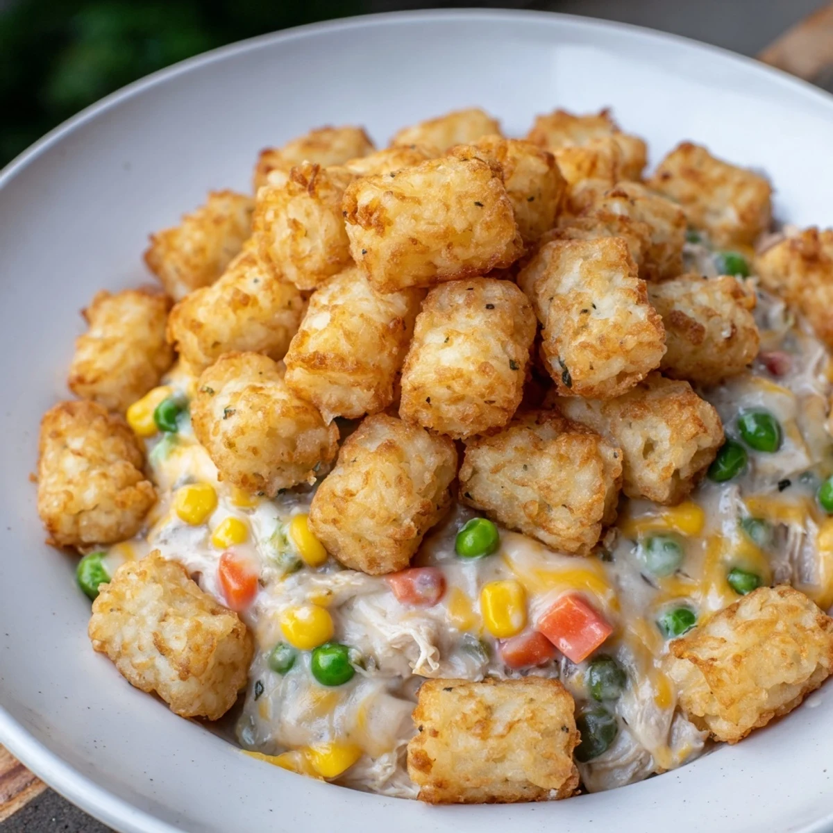 Golden-brown tater tots topping a creamy chicken and vegetable filling in this Tater Tot Chicken Pot Pie.