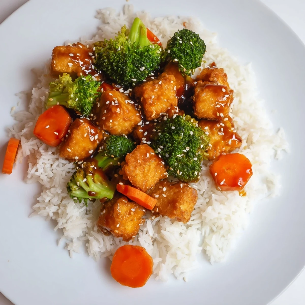 Savory sesame tofu & broccoli sizzling in a wok, ready to be served, a perfect vegetarian dinner.