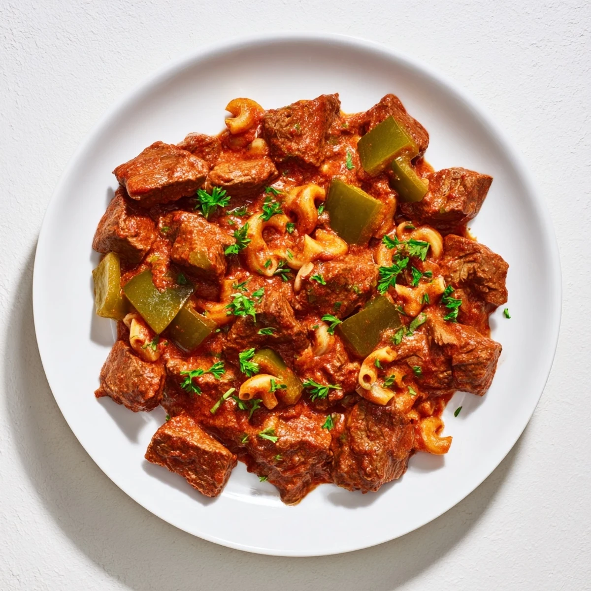 Close-up of a flavorful goulash, showcasing beef and pasta enveloped in rich, tomato sauce.