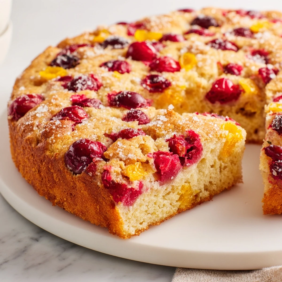 Golden, bubbly Cranberry Orange No-Knead Focaccia topped with bright cranberries and orange zest, ready to serve.