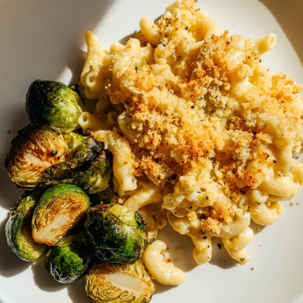 Sheet pan mac and cheese with Brussels sprouts: a savory, comforting, and easy weeknight meal idea.