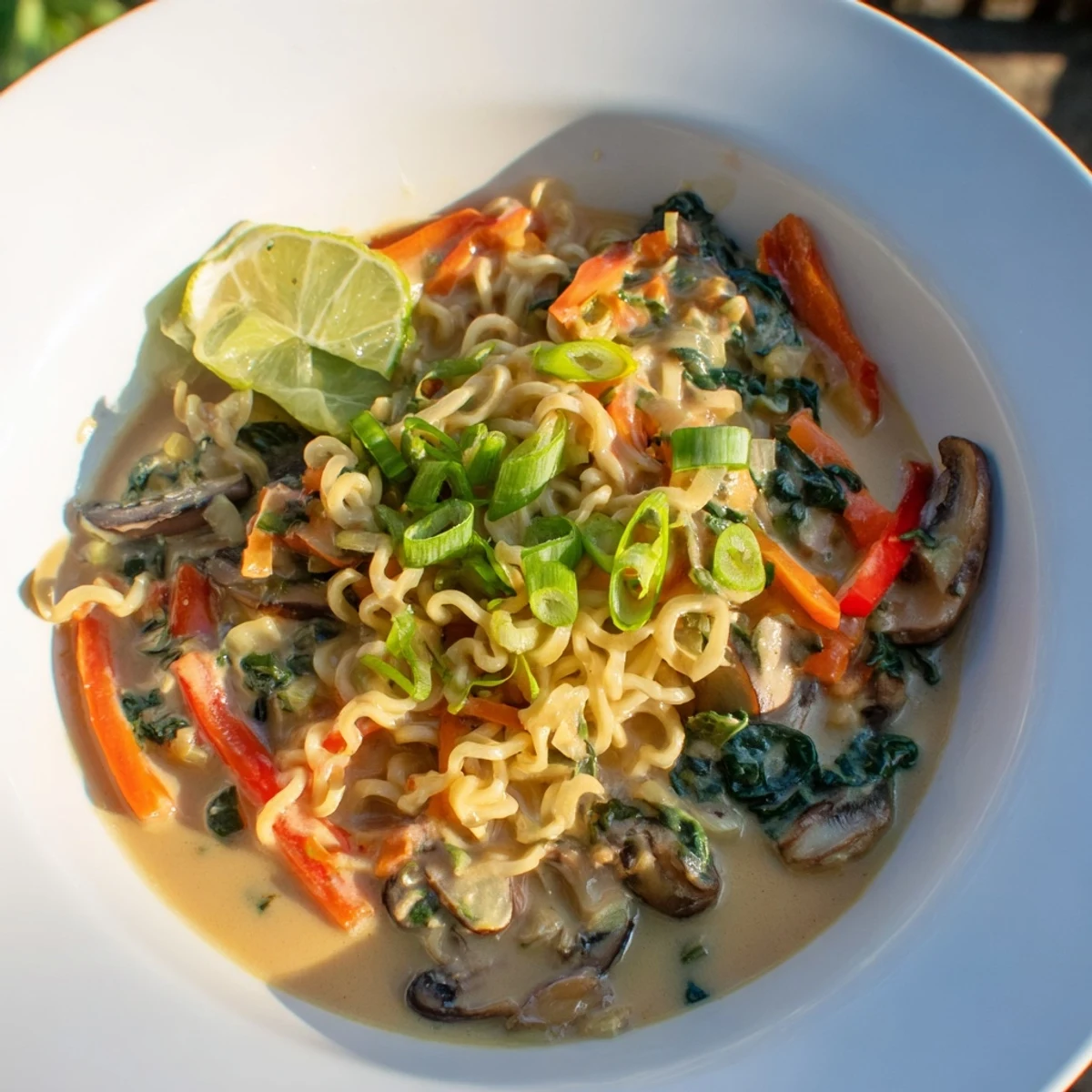 Steaming bowl of Curry Coconut Ramen, filled with noodles, vegetables, and a creamy broth.
