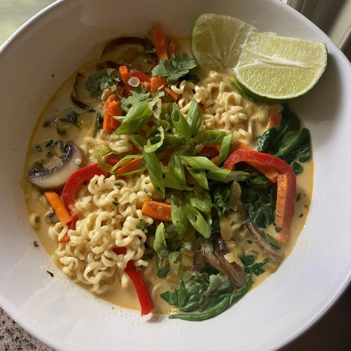 A close-up of a delicious, homemade Curry Coconut Ramen, ready to enjoy with friends.