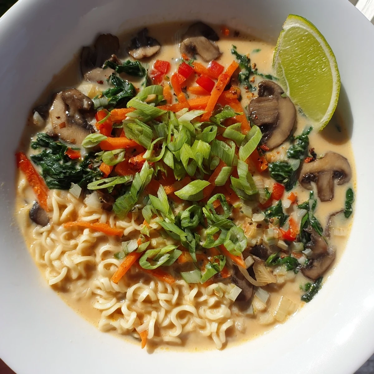 Bright and flavorful Curry Coconut Ramen, garnished with fresh cilantro and a lime wedge.
