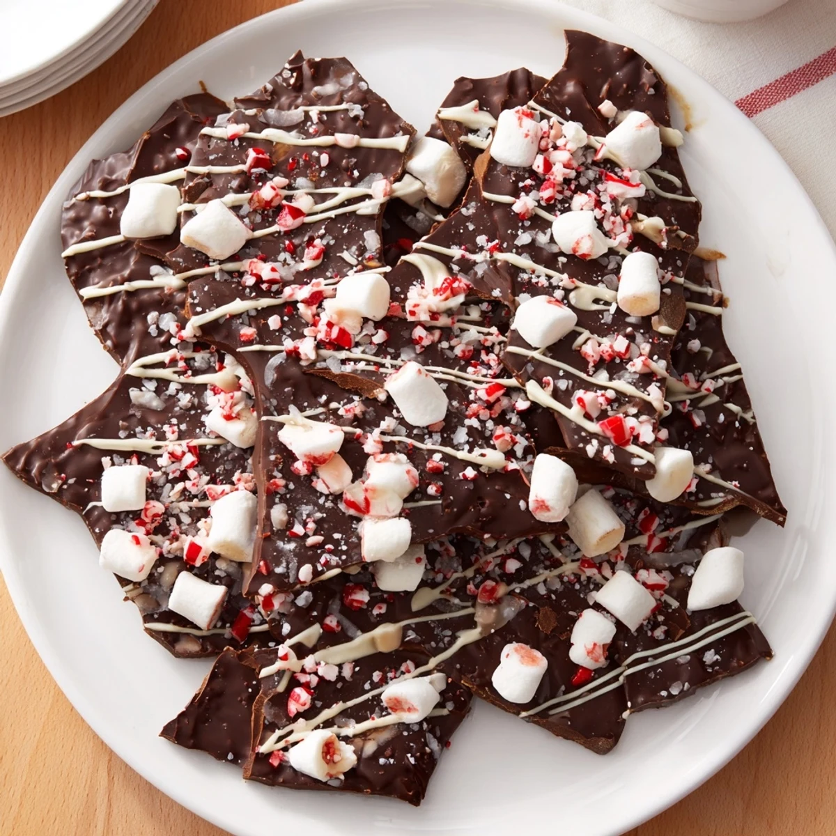This festive Hot Chocolate Bomb Bark showcases a tempting mix of melted chocolate and sweet peppermint toppings.