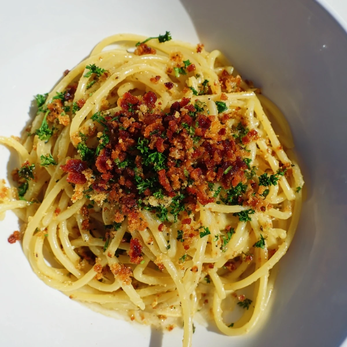 Golden Garlic Butter Pasta with crispy bacon, garnished with parsley, a delicious Italian-American main dish.