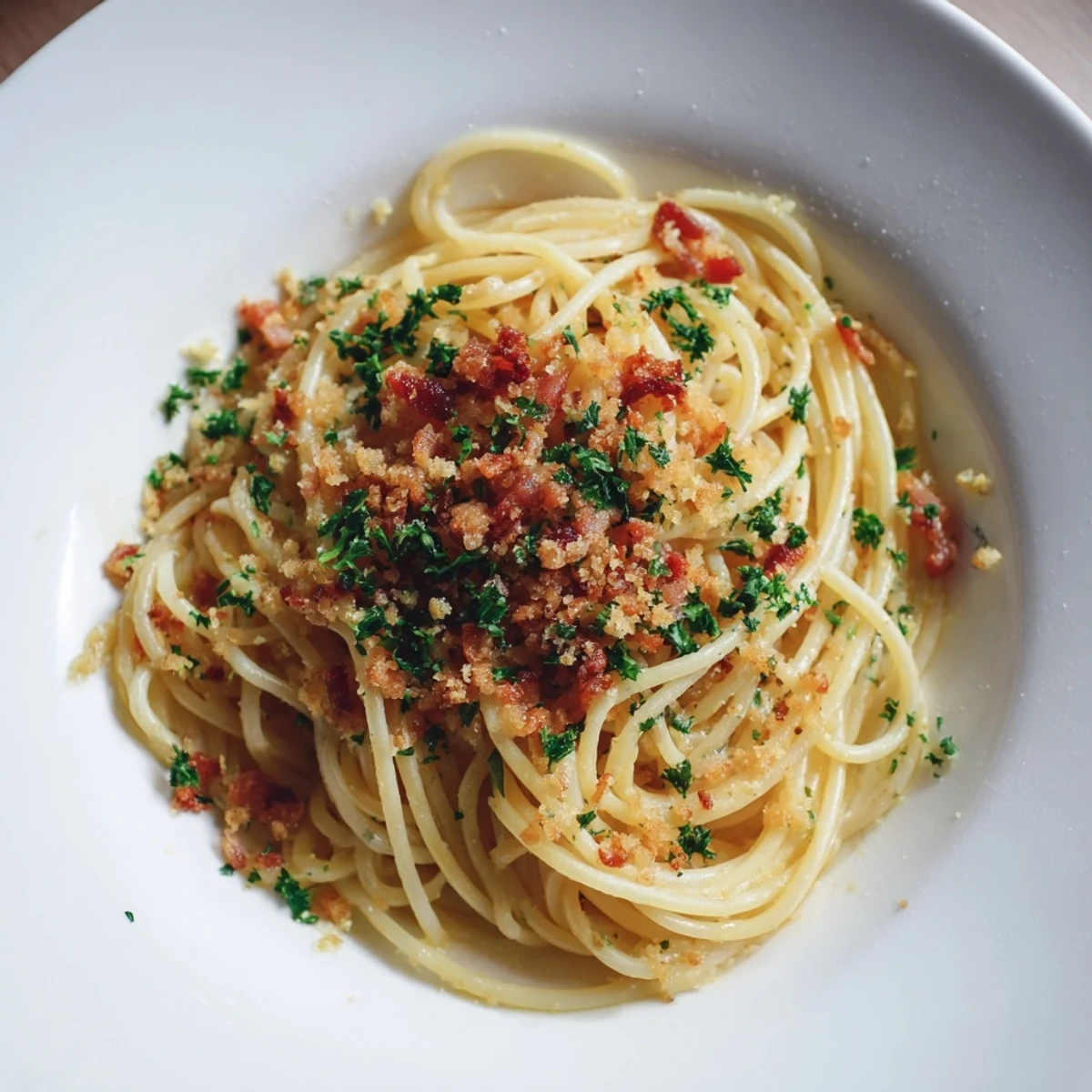 Silky Garlic Butter Pasta coated in a rich sauce, topped with crunchy bacon crumble, ready to serve and enjoy.