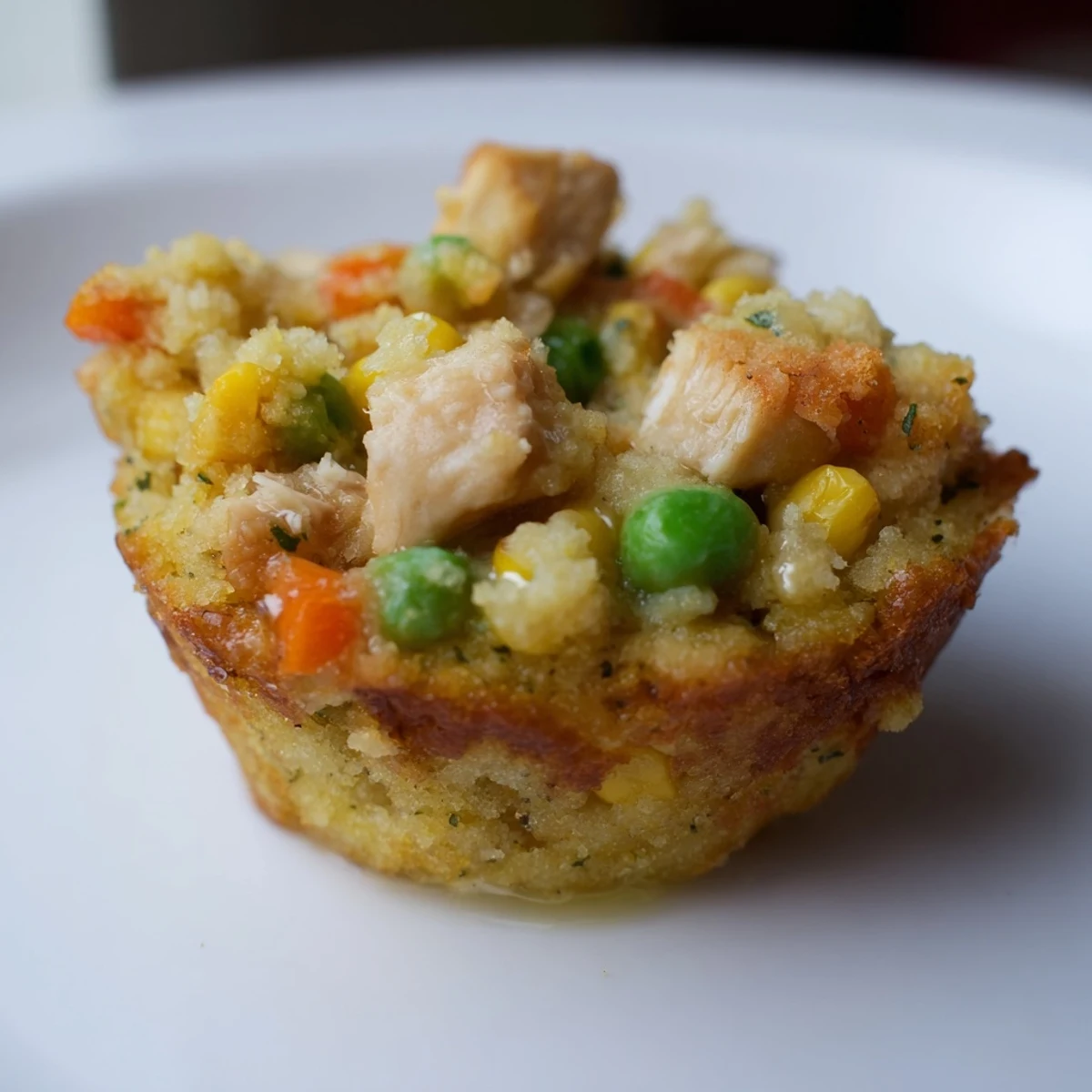 Golden-brown Mini Chicken Pot Pie Cornbread Muffins with a savory filling, ready to serve warm.