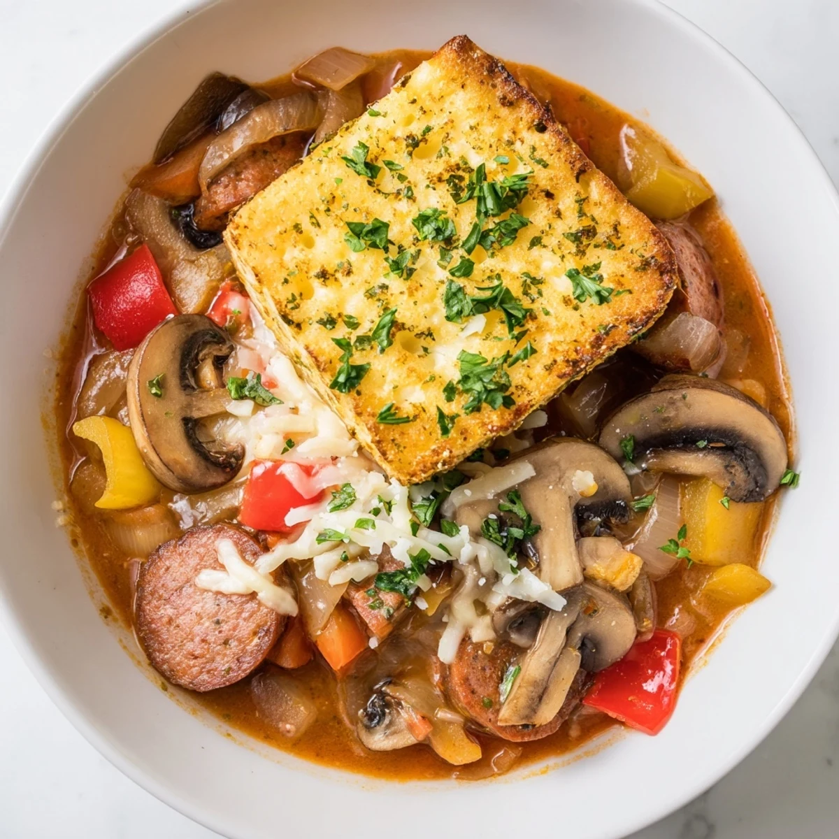 A close-up of a steaming bowl of Pizza Pot Pie Soup, showcasing its savory, Italian-inspired flavors.