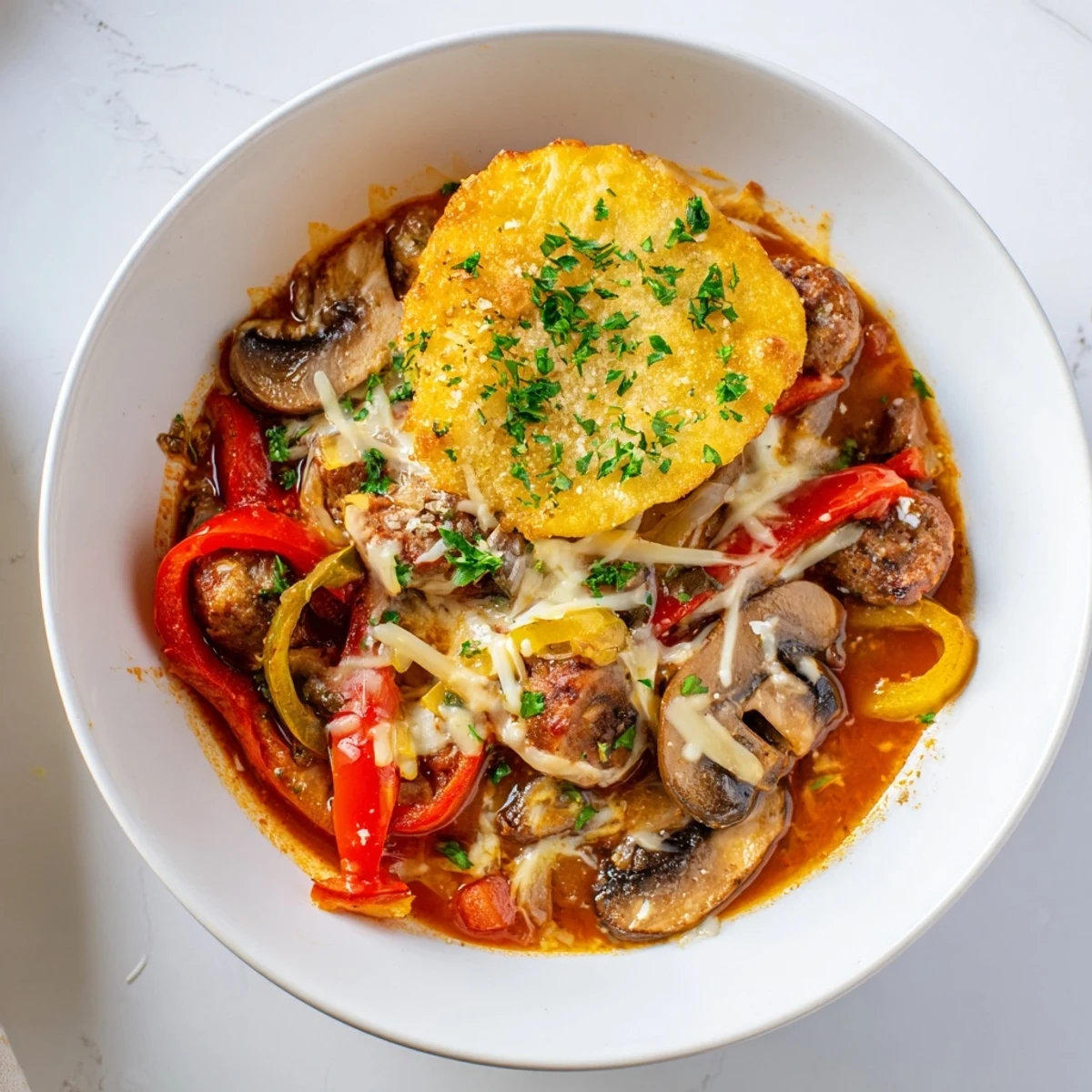 Enjoy a hearty spoonful of this warm, delicious Pizza Pot Pie Soup, perfect for a cozy weeknight meal.